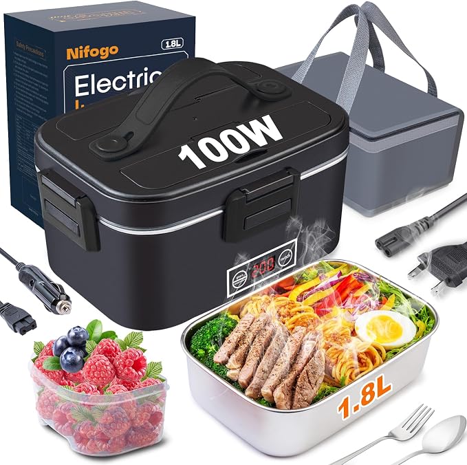 Nifogo Electric Lunch Box for Adults 100W with Temperature Display Heated Lunch Box for Men 1.8L Stainless Steel Container with Bag 12V/24V/110V for Car/Truck/Work