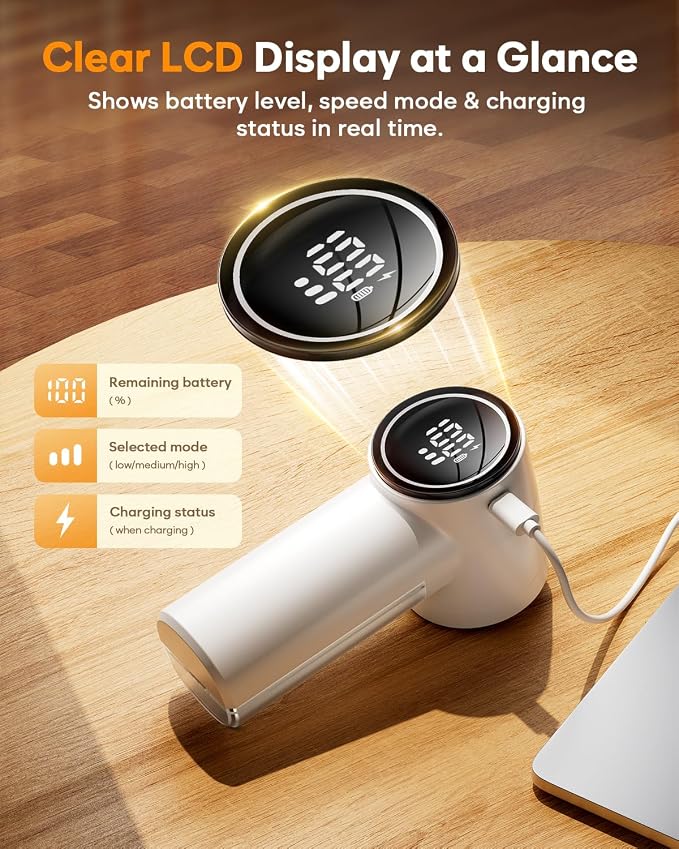 Fabric Shaver, Lint Remover Rechargeable, 6-Blade Lint Remover with LCD Display & 3 Speeds, Portable for Clothes, Sweaters, Couches, Blankets, Includes 3 Replacement Blades, Pearl White