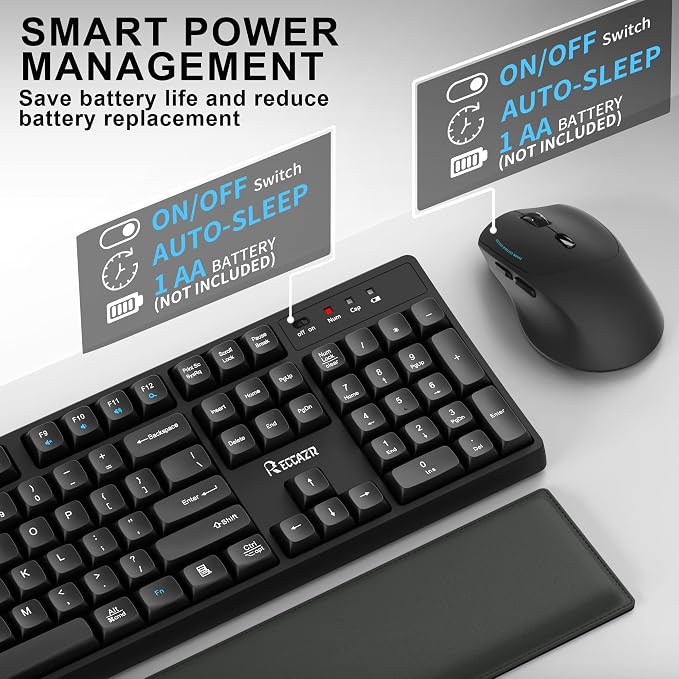 Wireless Keyboard and Mouse Combo,2.4G Full Size Wave Keys Ergonomic Keyboard with Wrist Rest for Natural Typing, 3 DPI Adjustable Ergonomic Mouse for Computer/Laptop/Windows/Mac (Black Graphite)