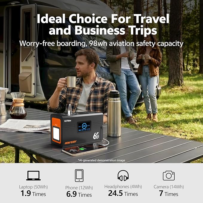 HOWEASY Portable Power Station 135W（270W Peak), Backup Lithium Battery with 110V AC Outlets,98Wh(26400mAh) Solar Generator for Camping,for Outdoor Camping Emergency(Solar Panel Not Included)