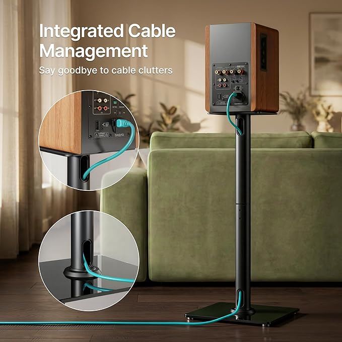 Speaker Stands Pair, 30" Fixed Height, 55lbs Weight Capacity, 11.8" Base, Cable Management, Freestanding Speaker Floor Stand for Surround Sound, Tempered Glass Base
