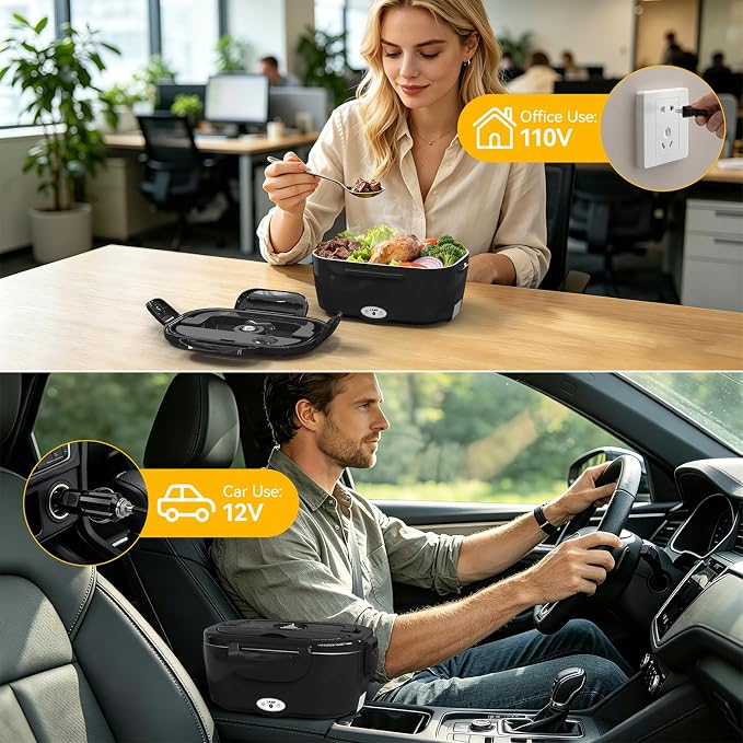 Vingud Electric Lunch Box for Adults, Heated Lunch Box for Men with Dual 1.5L SS Containers, Portable 80W Food Warmer for Car/Truck, Lonchera Eléctrica Portátil Christmas White Elephant Gifts, Black