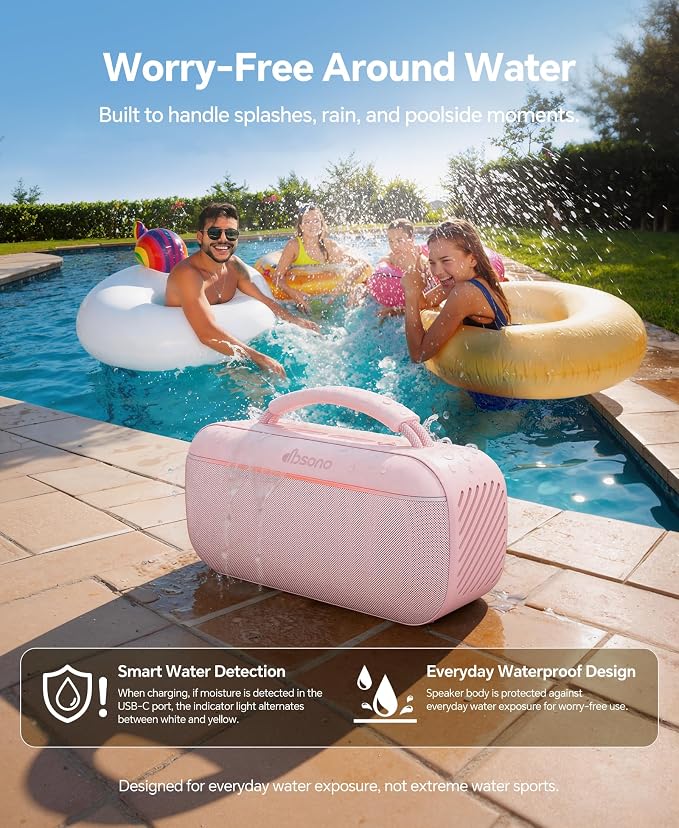 dbsono Portable Bluetooth Speaker Wireless: 100W(Peak) SoundPulse 2.0 with BassBoost, Waterproof Loud Party Speakers, Unlimited Pairing, TWS for Outdoor/Indoor, Beach Vacation Essential, Pink