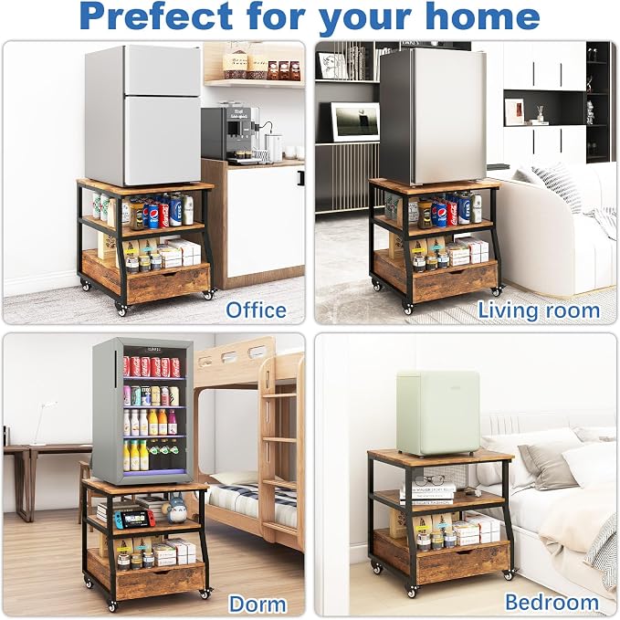 PUNCIA 23.6" x21.7" Mini Fridge Stand with Large Capacity Storage & Drawer | Heavy Duty Fridge Cart Rolling Beverage Refrigerator Table with Wheels Appliance Platform for Dorm Apartment Office Bedroom