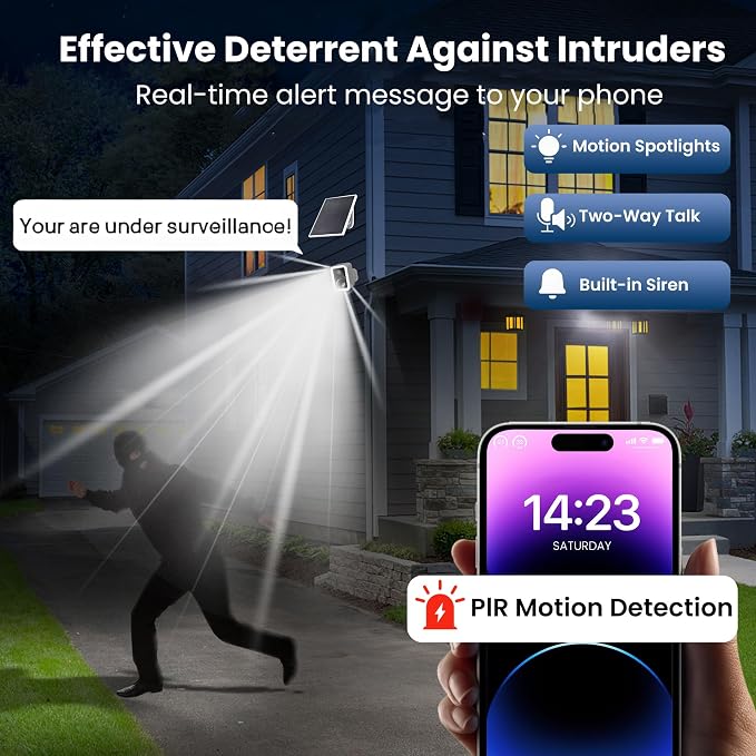 Security Camera Wireless Outdoor with Solar Panel, Free Cloud Storage, Integrated Spotlight & Siren, 1-6 Months Battery Life, Cameras for Home Security Support 5G & 2.4GHz WiFi, IP66 Weatherproof