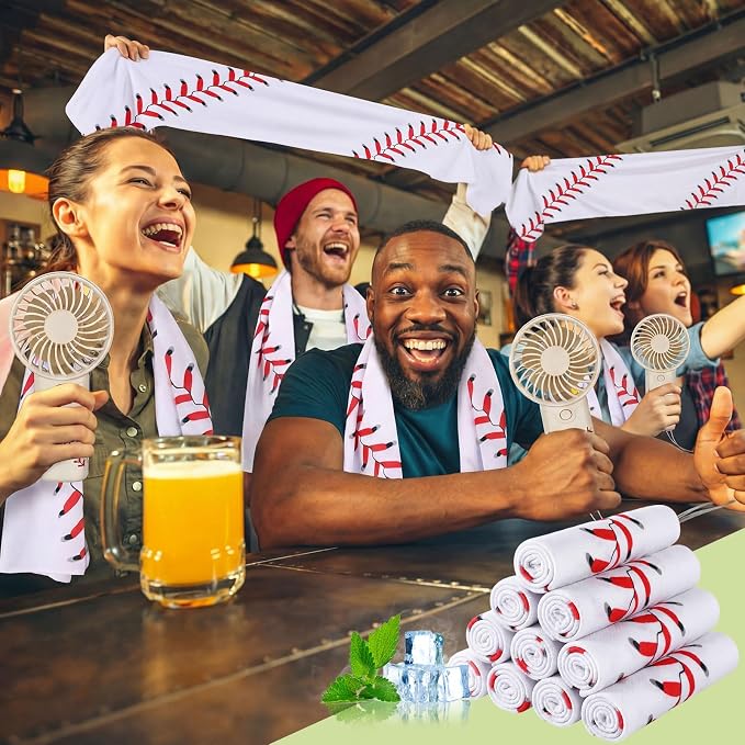 Retisee 24 Pcs Baseball Cooling Towel Mini Portable Fan Set 32 x 12 Inch Workout Towels Handheld Battery Powered Fan Sporting Baseball Gifts for Summer Team Gift Travel Camping Makeup Yoga Running
