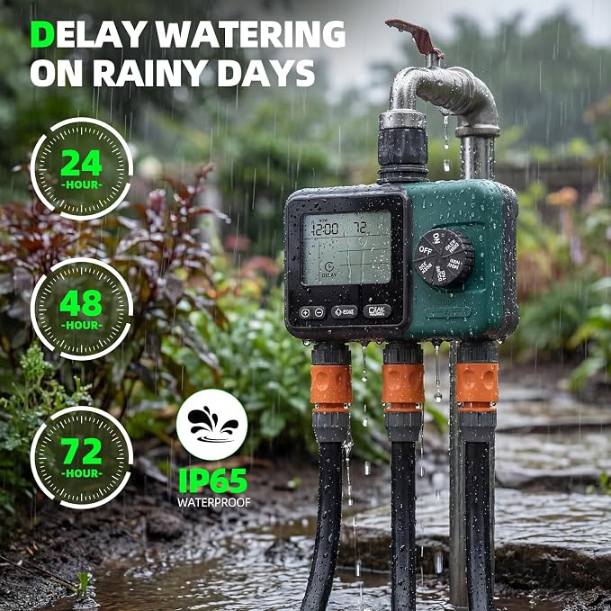 3 Zone Sprinkler Timer,3 Custom Watering Plans Hose Time, IP65 Waterproof, Rain Delay Manual & Automatic Watering with Large LCD for Yard Lawn Outdoor