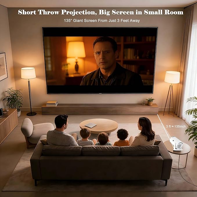 Smart Short Throw Projector with WiFi and Bluetooth, 210° Rotatable Mini Projector with Android System, Built-in Apps, Auto Keystone, Portable Ceiling Movie Projector for Bedroom & Outdoor Use