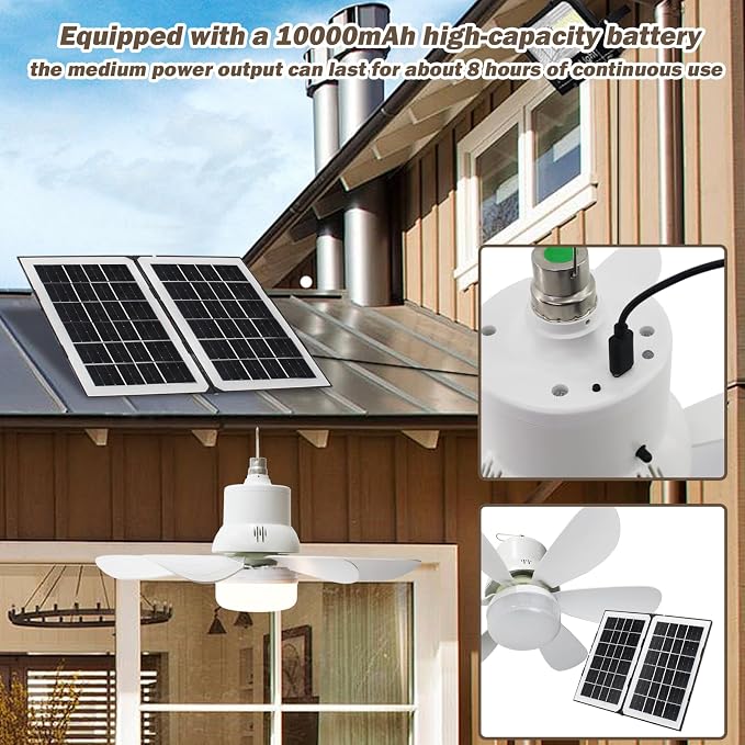 Solar Ceiling Fan Light, 17.3" 10000mAh Battery Operated Portable Gazebo Fan with Remote, Foldable Solar Panel for Camping RVs Tent Patio Canopy Chicken Coop Outside
