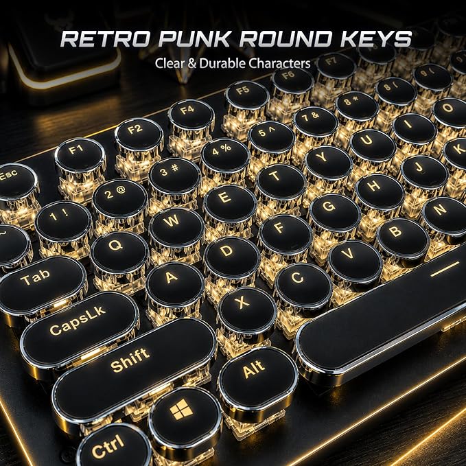 RK ROYAL KLUDGE S108 Typewriter Mechanical Keyboard, Wired Gaming Keyboard with Number Pad, Full Size Retro Keyboards w/Detachable Wrist Rest for Mac/Win/PC, Clicky Blue Switch, Yellow Backlit Black