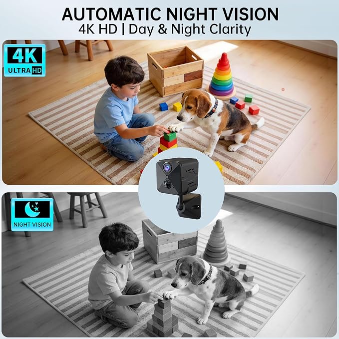 aidowocam 2026 Upgraded 4K HD Mini Security Camera, Wireless WiFi Indoor Nanny Cam with Night Vision, Motion Detection, Remote Viewing & 100-Day Battery Life