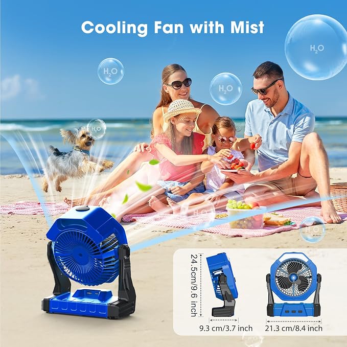 Ausic Portable Misting Camping Fan, 8" Outdoor Cooling Fan with LED Light, Water Spray, Hook, [Max 35H] Battery Operated Rechargeable Fan for Sports Sidelines, Patio, Beach, Tent, Travel