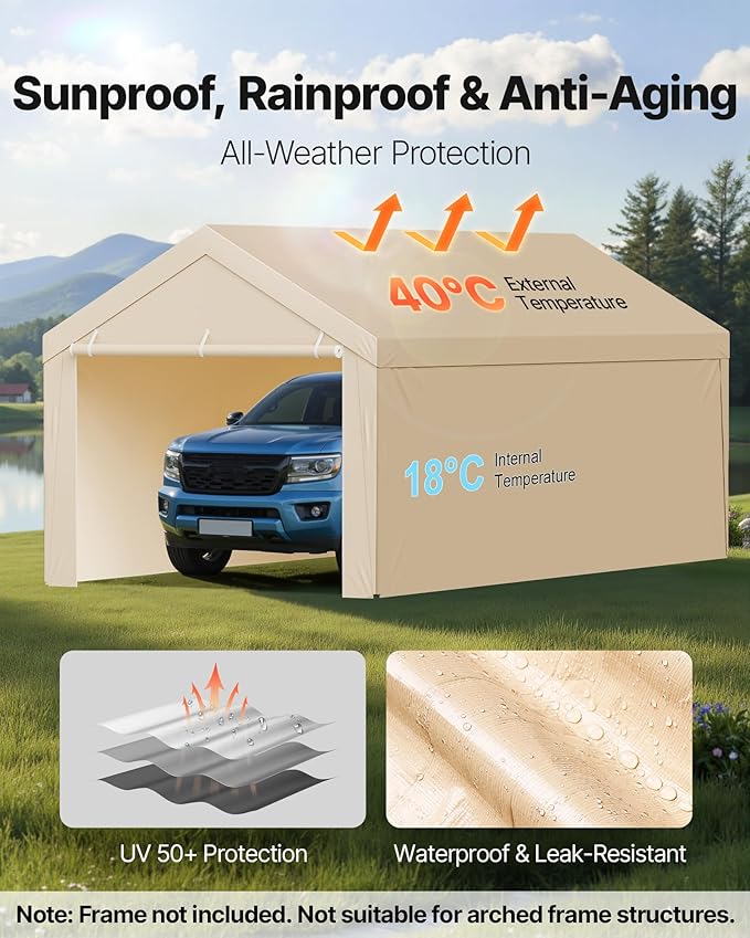 VEVOR Carport Replacement Canopy Cover, 10 x 20 ft Potable Garage Tent Top Tarp with Sidewalls, UV-Resistant & Waterproof, Heavy Duty Car Shelter Tarp with Ball Buggees, Beige, Frame Not Included