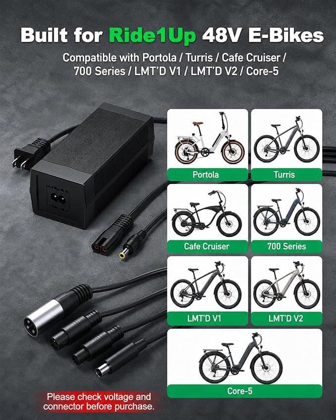 VHBW 54.6V 2A Charger Compatible with Ride1Up Portola, Turris, Cafe Cruiser, 700 Series, LMT'D V1 V2, Core-5 and 500 Series, ETL Listed, 5 Connector Tips, 8.2 FT Cord