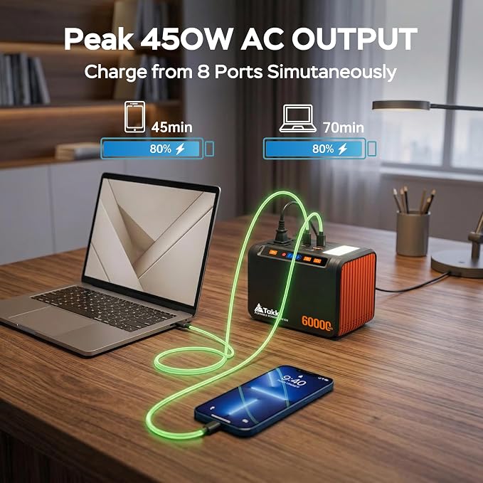 Takki 250W Portable Power Station 222Wh Camping Backup Lithium Battery with Pure Sine Wave AC Outlet 110V Solar Generator for Camping CPAP Home Use Backup Emergency Laptop