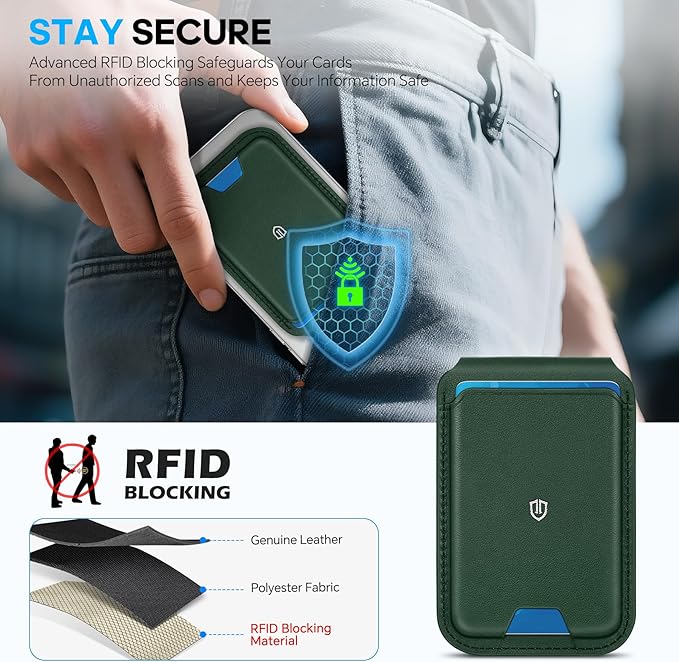 SHIELDON Strong Magnetic Wallet for Magsafe, Genuine Leather Adjustable Stand 6 Card Holders Quick Access ID Window, Mag Wallet Compatible with iPhone 17/16/15/14/13/12 Series Women Men - Evergreen