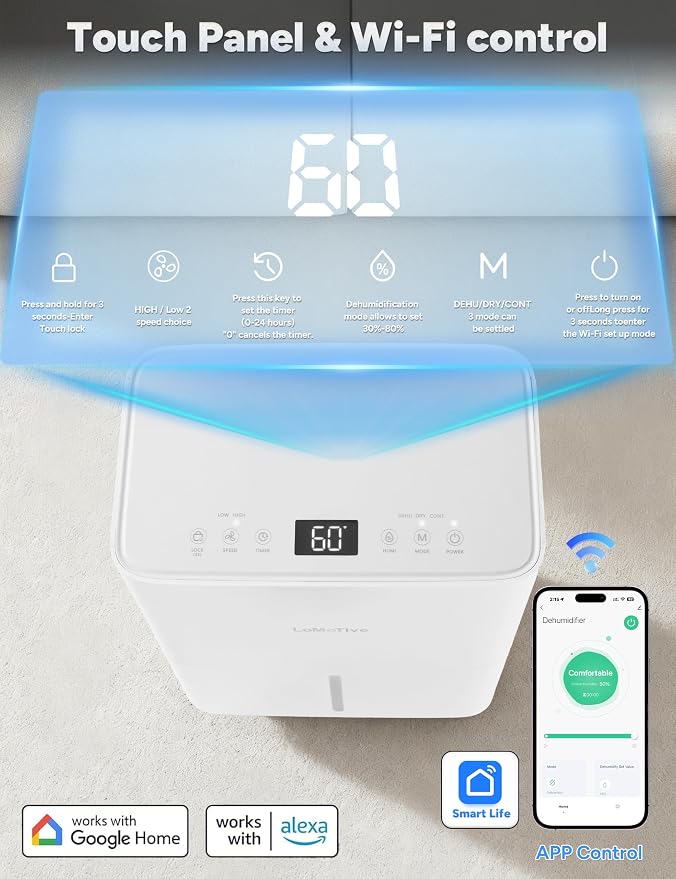 34 Pint Smart Dehumidifier with Drain Hose for Home up to 2500 Sq.Ft | WiFi,App Remote Control, 1.6L Water Tank, 24H Timer,Digital Display, Easy Carry,Ultra-Quiet,Compact,Continuous Drain