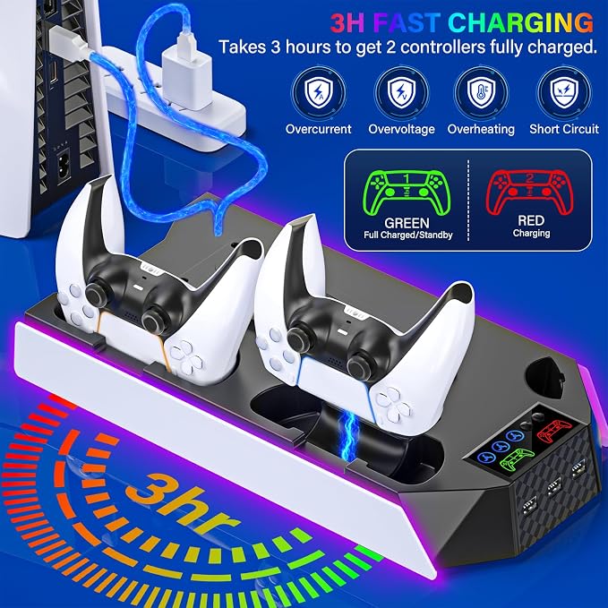 PS5 / PS5 Slim Cooling Station with Controller Charging Station - LED Light Cooling Stand for Playstation 5 Slim Disc/Digital Console, Accessories Incl RGB Light/Cooler Fan/3 USB Hubs/Headset Holder