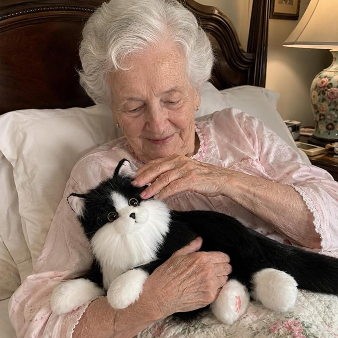 Interactive Companion Robot Cat Pets, Black Cat Stuffed Animals with Small Scarf, Emotional Support Plush with Voice Response, Realistic Heartbeat, Purring Sounds, Volume Control, Rechargeable