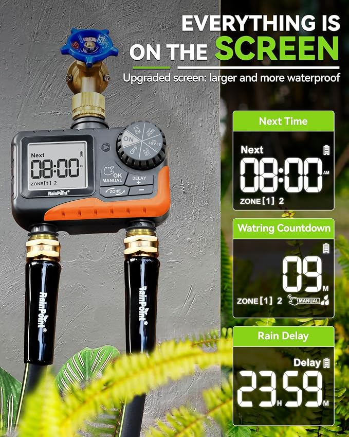RAINPOINT 2 Zone Sprinkler Timer with Brass Inlet and Outlet - Water Timer for Garden Hose with Rain Delay/Manual Watering/Automatic Irrigation Controller for Yard(Orange)