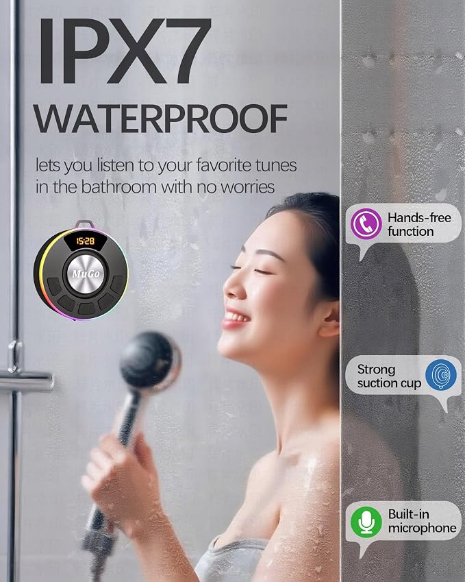 MuGo Bluetooth Shower Speaker, 360° HD Stereo Sound, IPX7 Waterproof Wireless Speaker Bluetooth 5.4 with RGB Lights, Suction Cup and Microphone, Small Shower Radio for Home/Party/Outdoor/Gifts