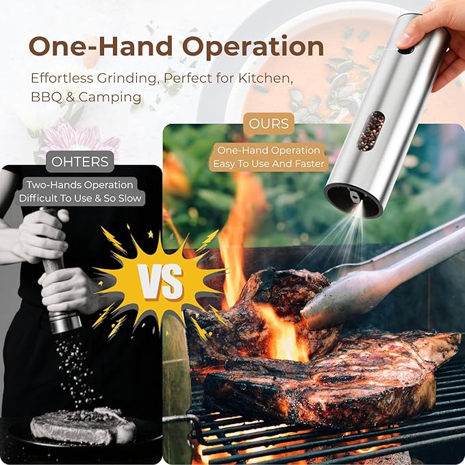 Electric Salt And Pepper Grinder Set, Rechargeable Dual Charging Base, Automatic Refillable Pepper Mills, with 110ml Large Capacity, Adjustable Coarseness & LED Light, Ideal for Kitchen, Outdoor & BBQ