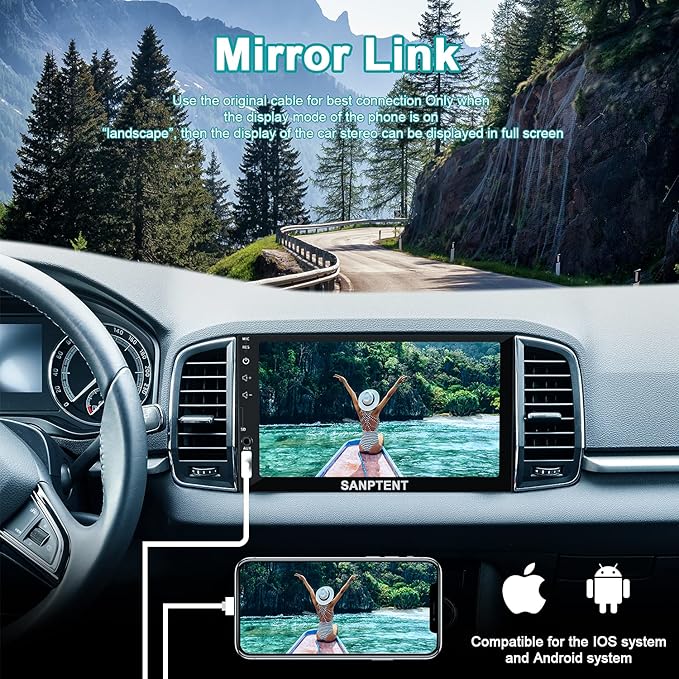 Double Din Car Stereo with 7 Inch Touchscreen, Radio Audio Receiver, Compatible with Wired Apple CarPlay & Android Auto, Mirror Link Support, Bluetooth Hands-Free, Backup Camera, FM/USB/TF/AUX, 12V