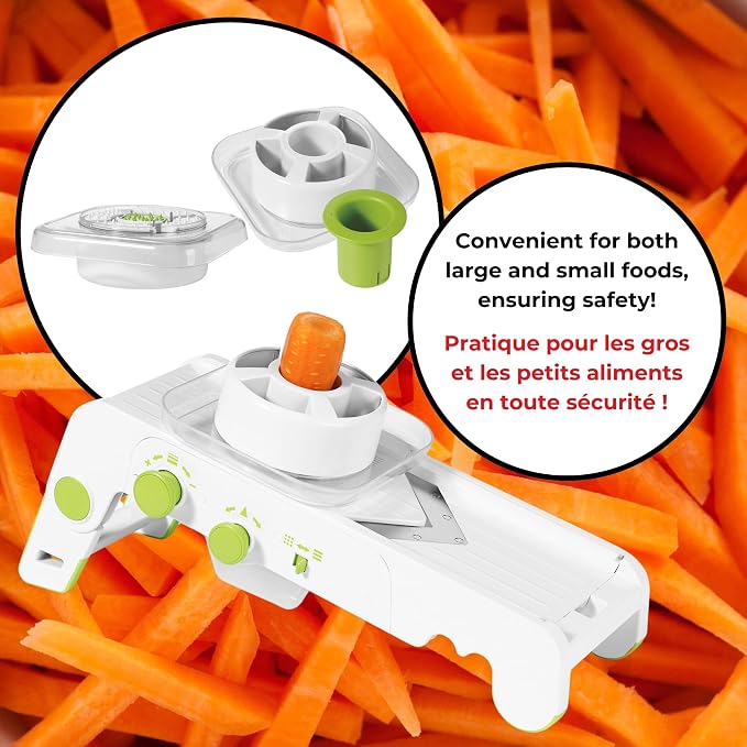 Starfrit Cubing Pro Mandoline Slicer, Dicer - 4 Blades & Graters with Storage Box - Straight & Crinkle V-Blades, Fine & Coarse Graters - 10 Thickness Settings, 3 Julienne Sizes - Self-Feeding Pusher