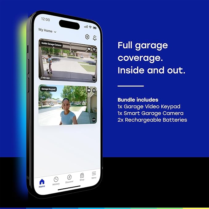 myQ Smart Garage Starter Kit: Garage Door Video Keypad + Rechargeable Battery + Wi-Fi Plug-in 2K Camera, Custom PIN Codes, Wide-Angle Lens, Night Vision, 2-Way Audio, Motion Alerts and App Control
