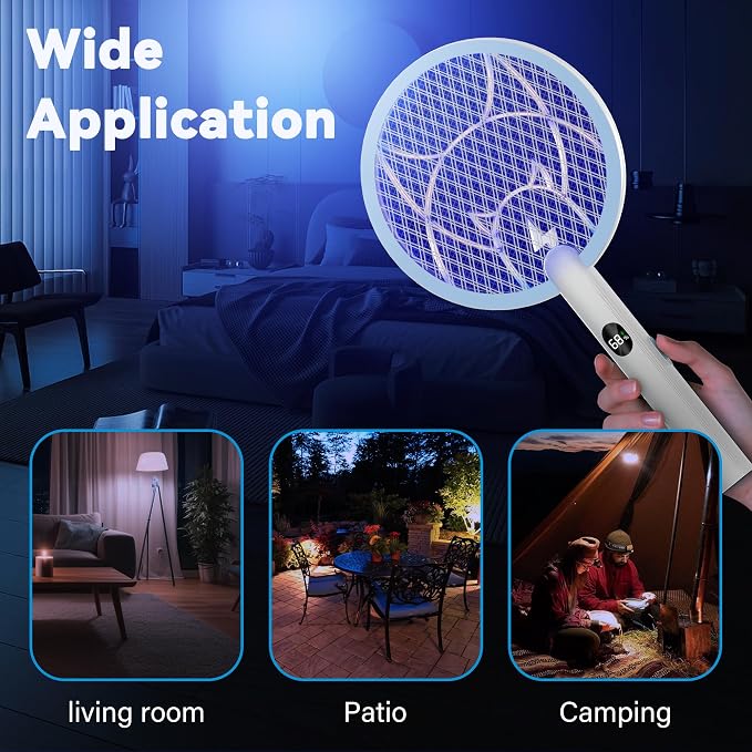 Nymrix Electric Fly Swatter Racket, 2 in 1 Mosquito Bug Zapper 4100V Handheld Mosquito Killer with 1800 mAh Rechargeable Battery, Purple Lightand 3-Layer Safety Mesh for Indoor Outdoor Blue Two-Pack