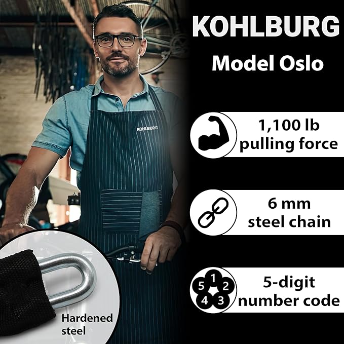 KOHLBURG Extra Long Bicycle Combination Lock - 3.8 ft Chain & 0.24” Strong Number Combination Bike Lock - Secure Chain Lock Almost 4 ft - Security 5-Digit Bike Lock Combo for Bicycle & e-Bike
