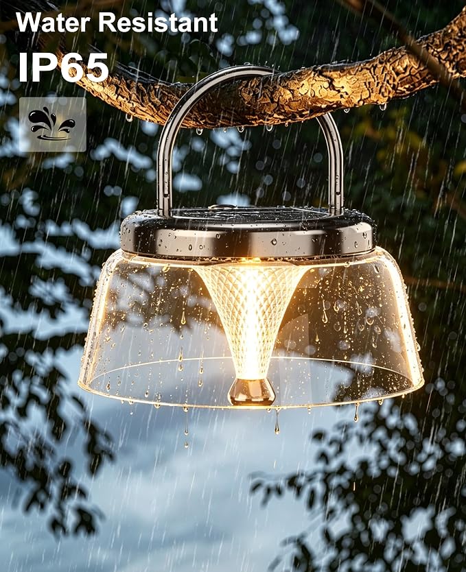 Solar Camping Lantern, Dimmable 360°COB LED Camping Light Rechargeable, IP65 Waterproof Portable Camping Lanterns, Hanging/Tabletop Lamp for Tent, Patio Decor, Emergency Power Outage(Black)