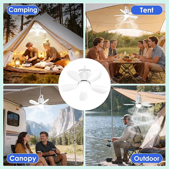 Ceiling Fan Light, Battery Operated Gazebo Fan Light with Remote, Portable Rechargeable Camping Fan Light for Outside, Wireless, for Outdoor Tent Canopy Porch Patio Greenhouse RVs Pergola