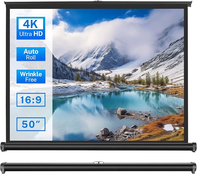 50 inch Small Projector Screen, Goldengrainv Retractable Pull Up Screen, Floor Projector Screen, 16:9 4K Portable Screen for Projector, Roll Down Movie Screen for Gaming Indoor, Mini White Screen