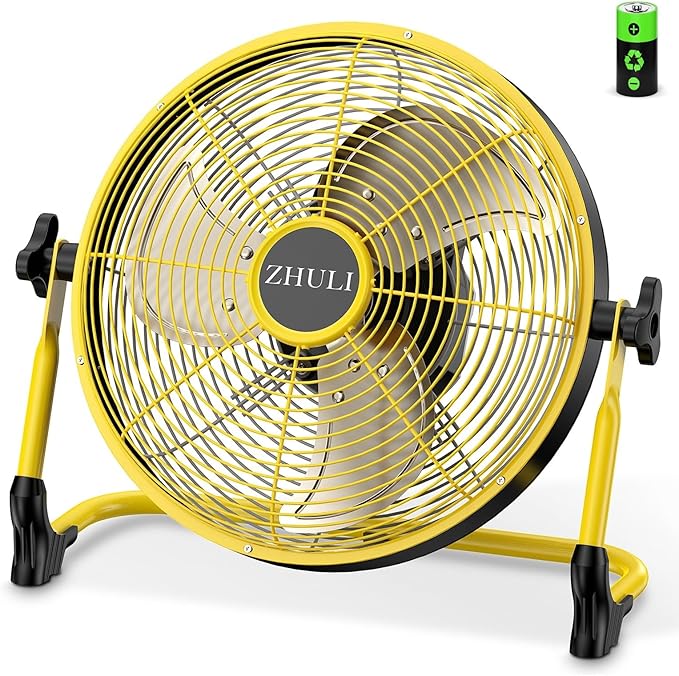 ZHULI 11" Portable Battery Operated Floor Fan, Rechargeable Cordless Camping Fan, Hi-Velocity Brushless Motor, Metal blade, USB Phone Charge, 8~60H Runtime, Quiet, Wireless, For Outdoor Home Workshop