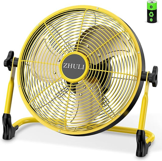 ZHULI 11" Portable Battery Operated Floor Fan, Rechargeable Cordless Camping Fan, Hi-Velocity Brushless Motor, Metal blade, USB Phone Charge, 8~60H Runtime, Quiet, Wireless, For Outdoor Home Workshop
