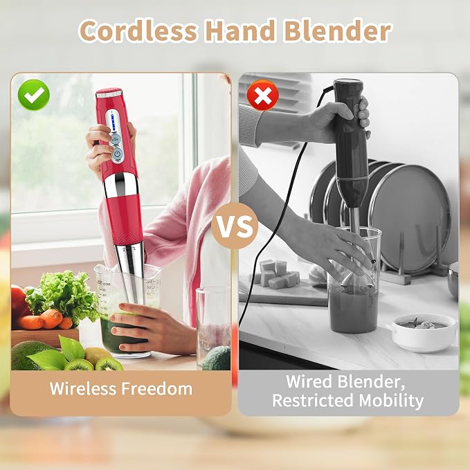Toogel Cordless Immersion Blender, Electric Hand Blender with 21-Speed & 3-Angle Adjust, USB Rechargeable, BPA-Free & Dishwasher Safe for Baby Food, Smoothies, Soup (Red)