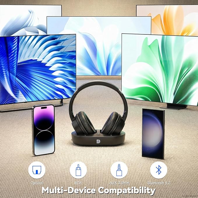 Dytole Wireless Headphones for TV, TV Headphones Wireless for Seniors with Transmitting Charging Dock, 65H Battery, Ultra-Low Latency Audio, Fit Father's Day Thanksgiving Birthday Gift for Parents