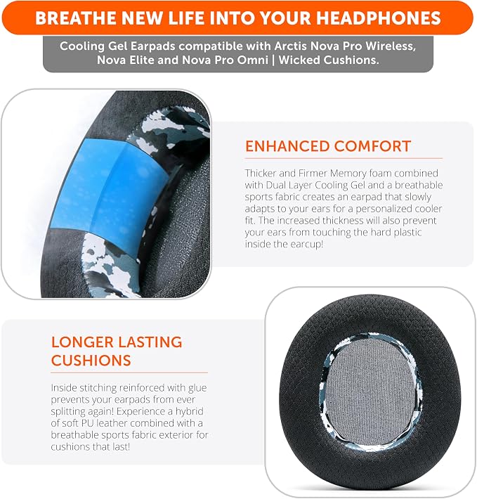 WC Freeze Nova Pro Wireless - Cooling Gel Earpads for Arctis Nova Pro Wireless, Nova Elite & Nova Pro Omni (Doesn’t Fit Other Models), by Wicked Cushions, Extra Thick & Comfortable | Snow Camo