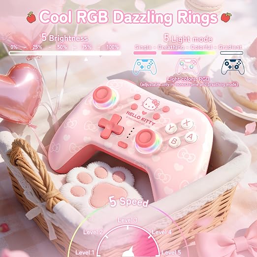 Kuitmor Hello Kitty Switch Pro Controller, Cute Hall Effect Wireless Gamepad No Drift for Switch 2/Switch/OLED/Lite, PC/Steam, Android, iOS, Bluetooth + Wired, Turbo, Back Buttons,6-Aixs Gyro, Wake-up, RGB (Pink, Without 2.4g Receiver)