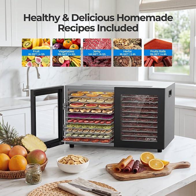 OSTBA Dual Zone Food Dehydrator, 20 Stainless Steel Trays, 1300W Dual Layer Food Dryer, 180℉ Adjustable Temp, 48H Digital Timer, 10 Presets for Jerky, Meat, Fruit, Herbs, Home & Commercial Use