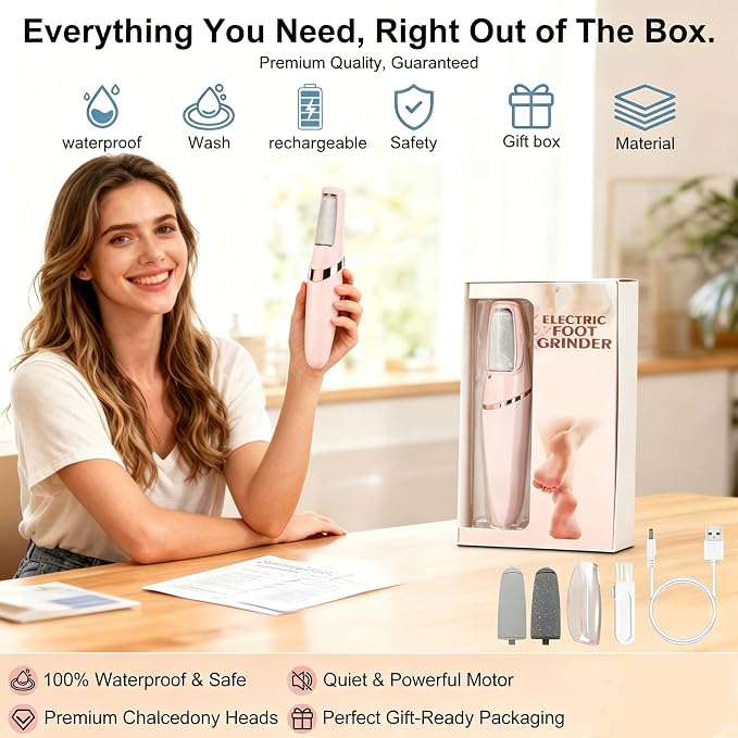 Electric Foot File, Callus Remover for Feet - Rechargeable Pedicure Tool, 2 Speeds 1700/2000 RPM & 2 Heads for Dry & Dead Cracked Skin, Cordless Waterproof Hard Skin Removal, Home Pedicure Gift