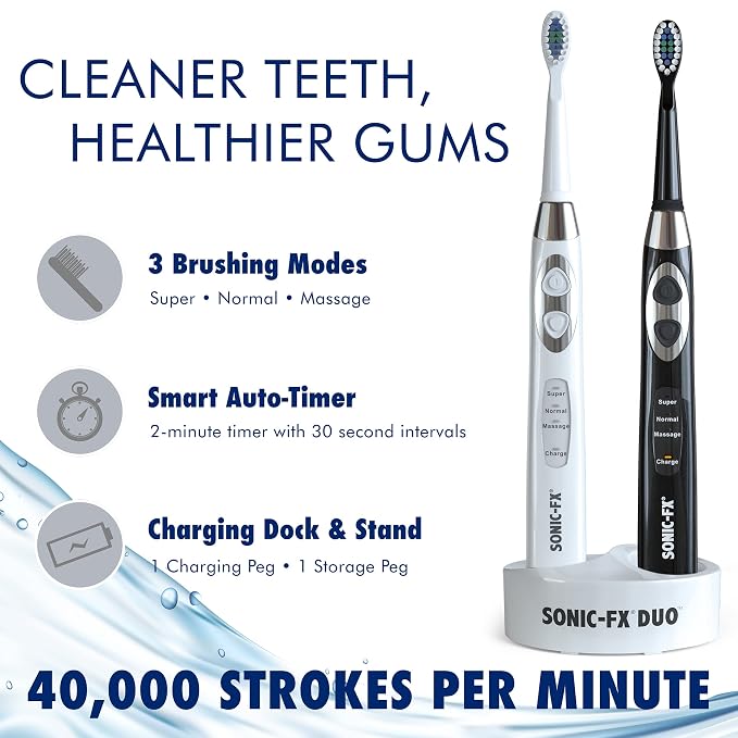 Sonic-FX Duo Rechargeable Electric Toothbrush Set - with 14 Brush Heads, 3 Modes, Smart Auto-Timer, Charging Dock Holder - Dual Handle Electric Tooth Brush for Adults & Kids, Black and White