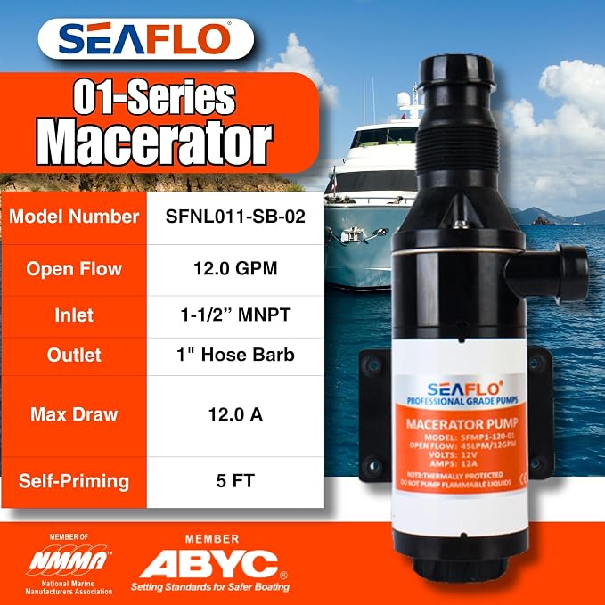 SEAFLO 01 Series Macerator Pump - 12V, 12 GPM (45 LPM) Open Flow, Self-Priming, Anti-Clog, Run-Dry, Heavy-Duty for RV, Boats, Yachts, Camper, & Marine, CE & Rohs Certified, 4-Year Warranty