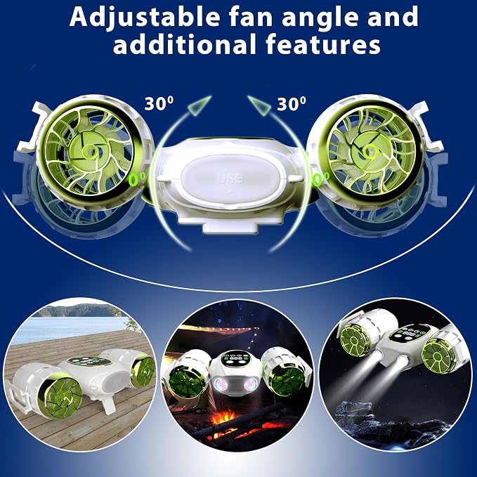 Portable Waist Fan, Shirt Fan with Light, 2025 Upgrade Cool Clip Rechargeable,8000mAh Power Bank,4 Speeds 12000RPM Strong Airflow for Camping Travel Fishing Hiking Cycling (Green White)