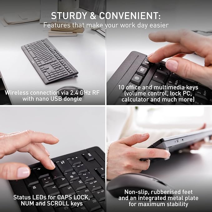 CHERRY Stream Desktop Recharge, Wireless Keyboard & Mouse Combo, 2.4 GHz Connection, Quiet Keys, Slim Design, Comfortable Writing, Rechargeable, White-Gray
