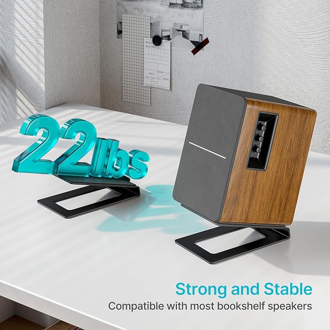 PEGZONE Desk Speaker Stands for Most Bookshelf Speakers, 22 lbs Capacity, Speaker Riser with Anti-Vibration Pads，16°Tilt Angle, Space-Saving Audio Stands for PC Speakers,1 Pair, Black