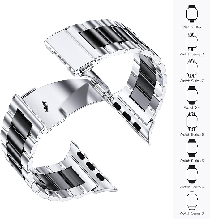 EPULY Compatible with Apple Watch Band 42mm 44mm 45mm 38mm 40mm 41mm, Business Stainless Steel Metal Wristband for iWatch SE & Series 7 6 5 4 3 2 for Men (Silver+Black, 45mm 44mm 42mm)