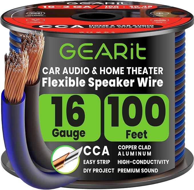 GEARit 16 Gauge Speaker Wire 100 ft,16 Gauge Wire with Foot Markers & Polarity Markings,Flexible Speaker Cable for Car Audio & Home Theater Speakers,Audio Cable for DIY Installations,CCA(Black Blue)