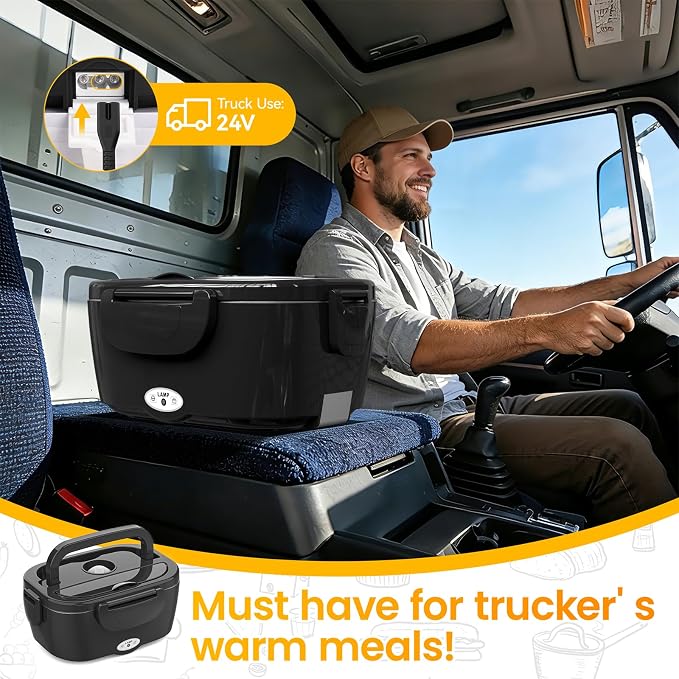 Vingud Electric Lunch Box for Adults, Heated Lunch Box for Men with Dual 1.5L SS Containers, Portable 80W Food Warmer for Car/Truck, Lonchera Eléctrica Portátil Christmas White Elephant Gifts, Black